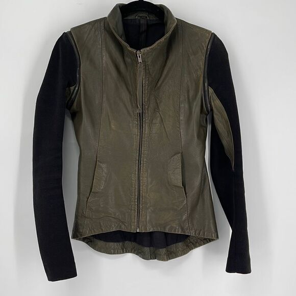 Improvd Knit Sleeve Lambskin Leather Moto Jacket - Picture 2 of 16